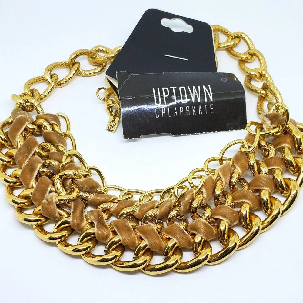 NWT Wide Gold Chain Choker Statement Collar Necklace with Velvet Ribbon Wrap